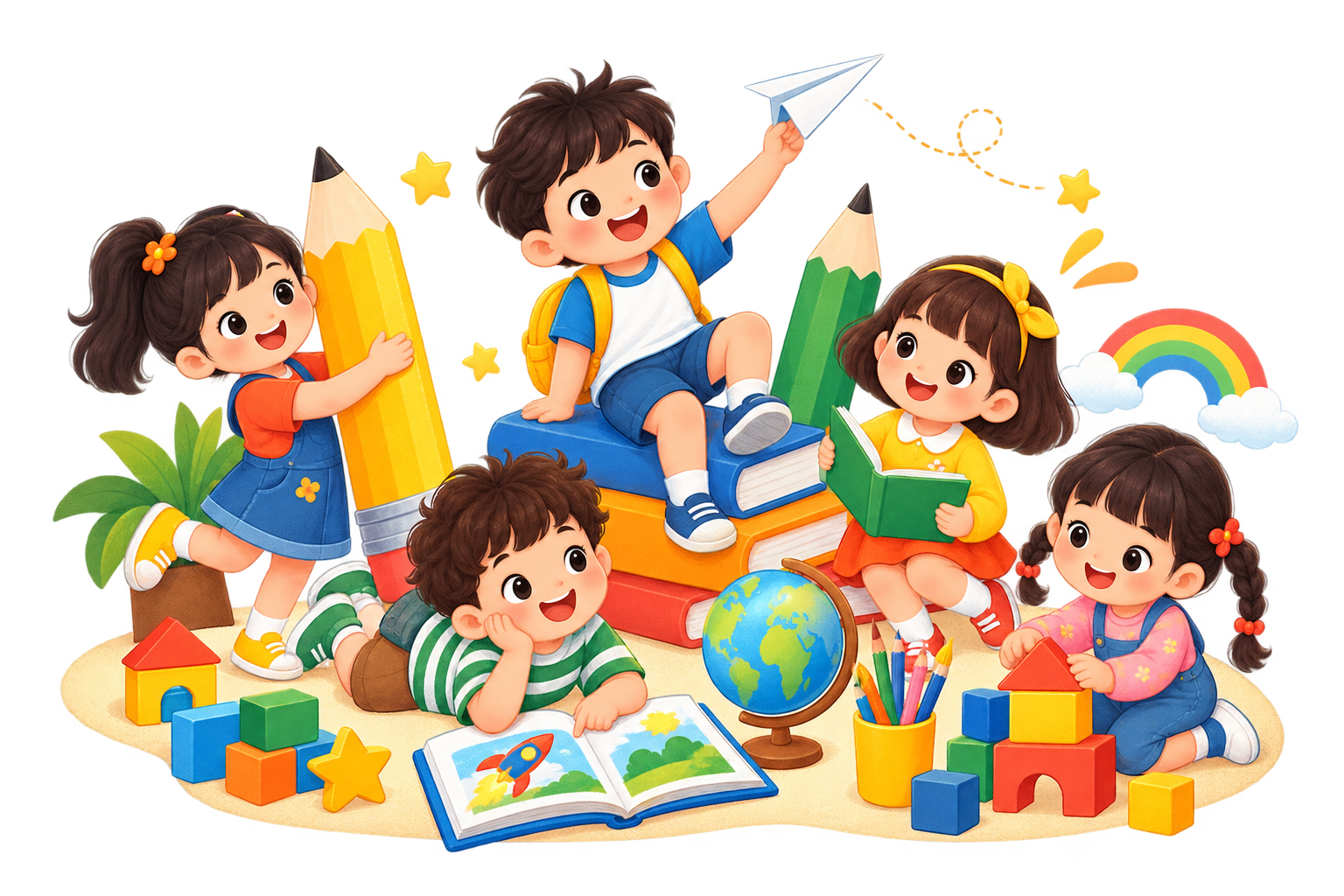 Các bé cùng đọc sách, vẽ tranh và chơi xếp hình
